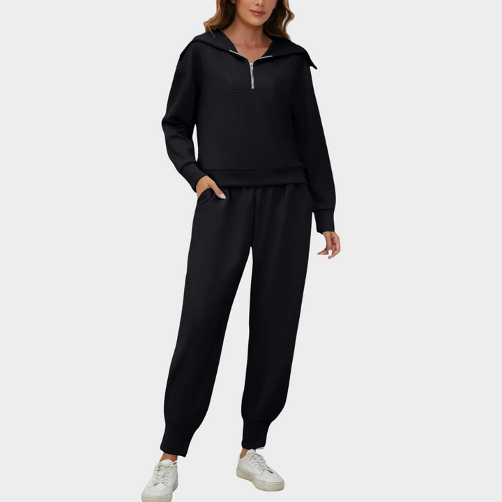 Women’s Black Tracksuit Set – Half Zip Long Sleeve Top and Jogger Pants